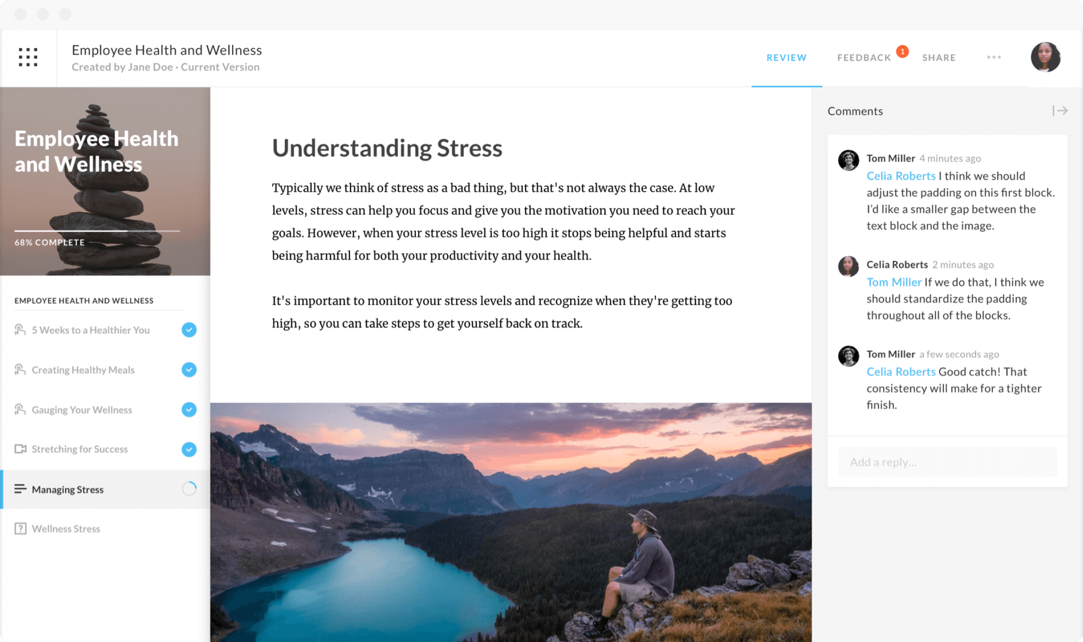 Review 360 course interface with stakeholder feedback