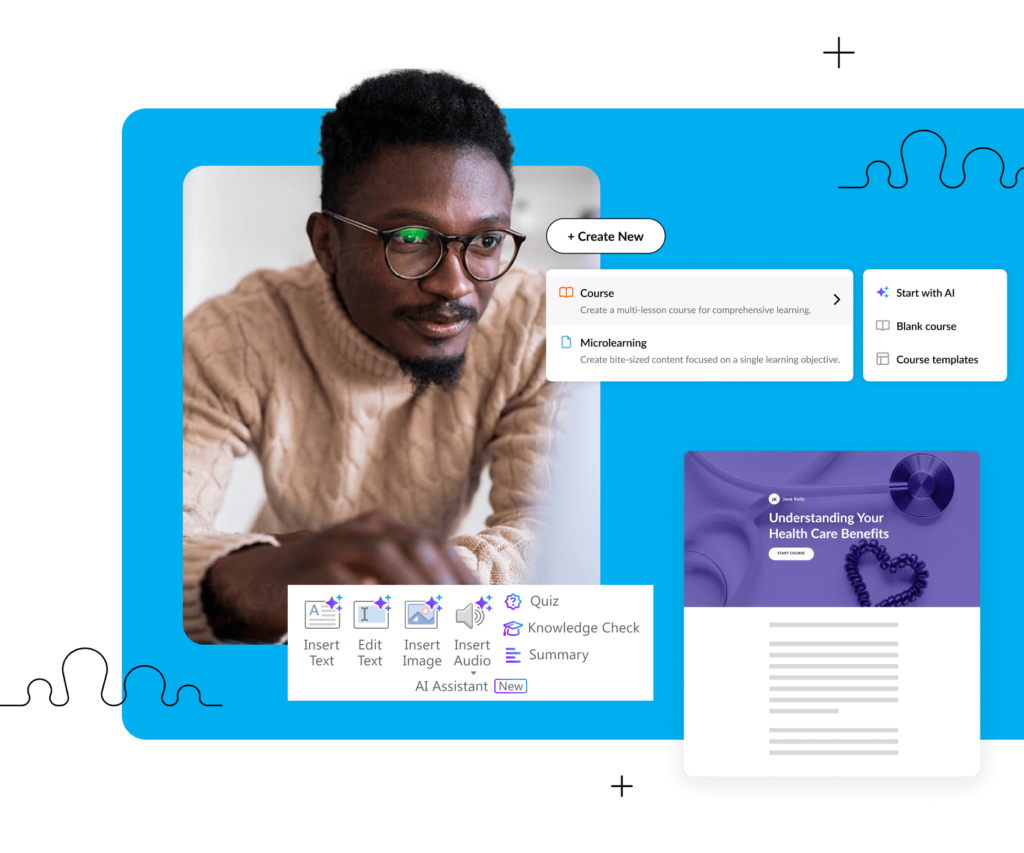A person is looking intently at a computer screen. The monitor images are of Storyline and Rise, including new AI creation options.