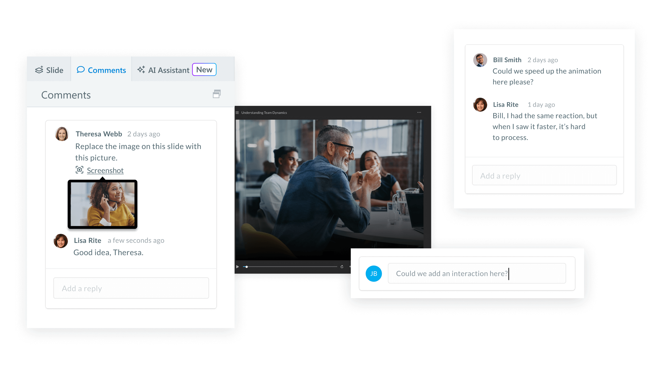 A course showing 3 people smiling, laughing, and drinking coffee. Reviewers left comments asking to replace the image and attached an alternative.