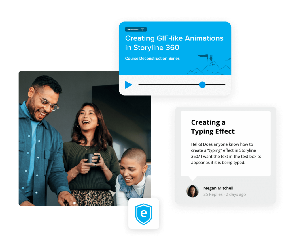 3 colleagues laughing together next to a community question about how to create a typing effect with 25 replies and a related training video.