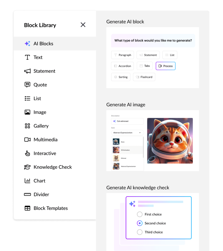 The Block Library in Rise with new options to create with AI, including: generate blocks, images, and knowledge checks.