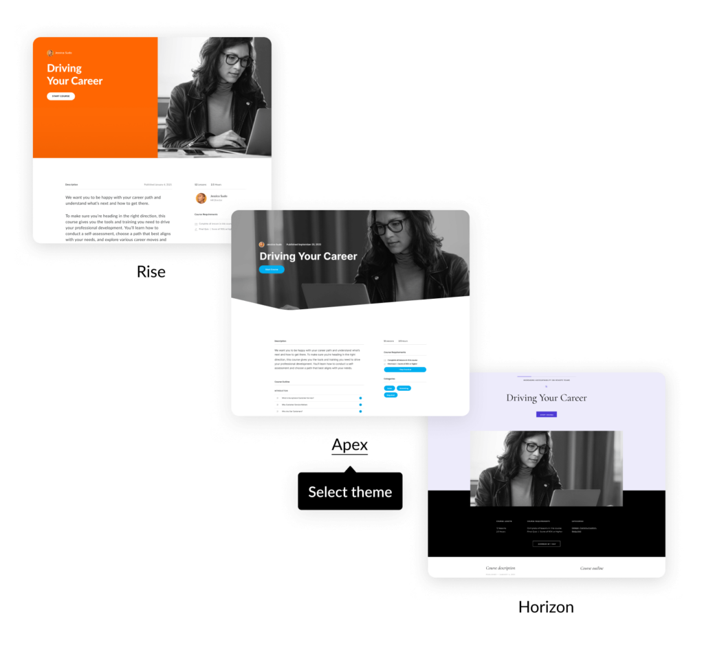 Three images of the same course in different visual styles, highlighting the theme options available in Rise.