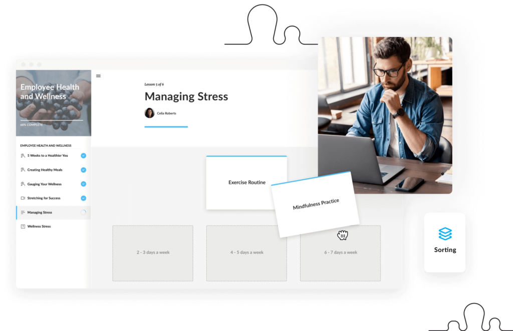 A sorting activity in a Rise course. A person ponders where to place Mindfulness Practice and Exercise Routine: on the 3, 5, or 7 days a week zone?