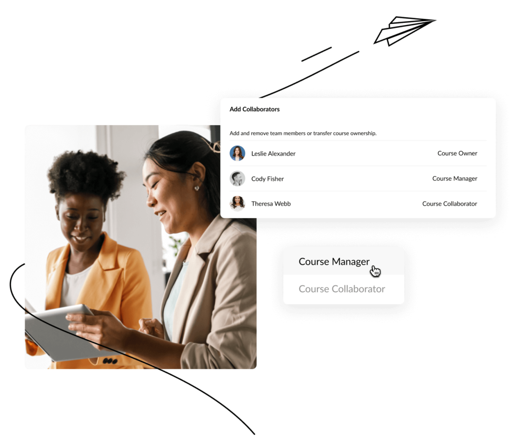 The collaboration interface in Rise showing how to add, remove, and change the role of team members next to a photo of two colleagues using a tablet.