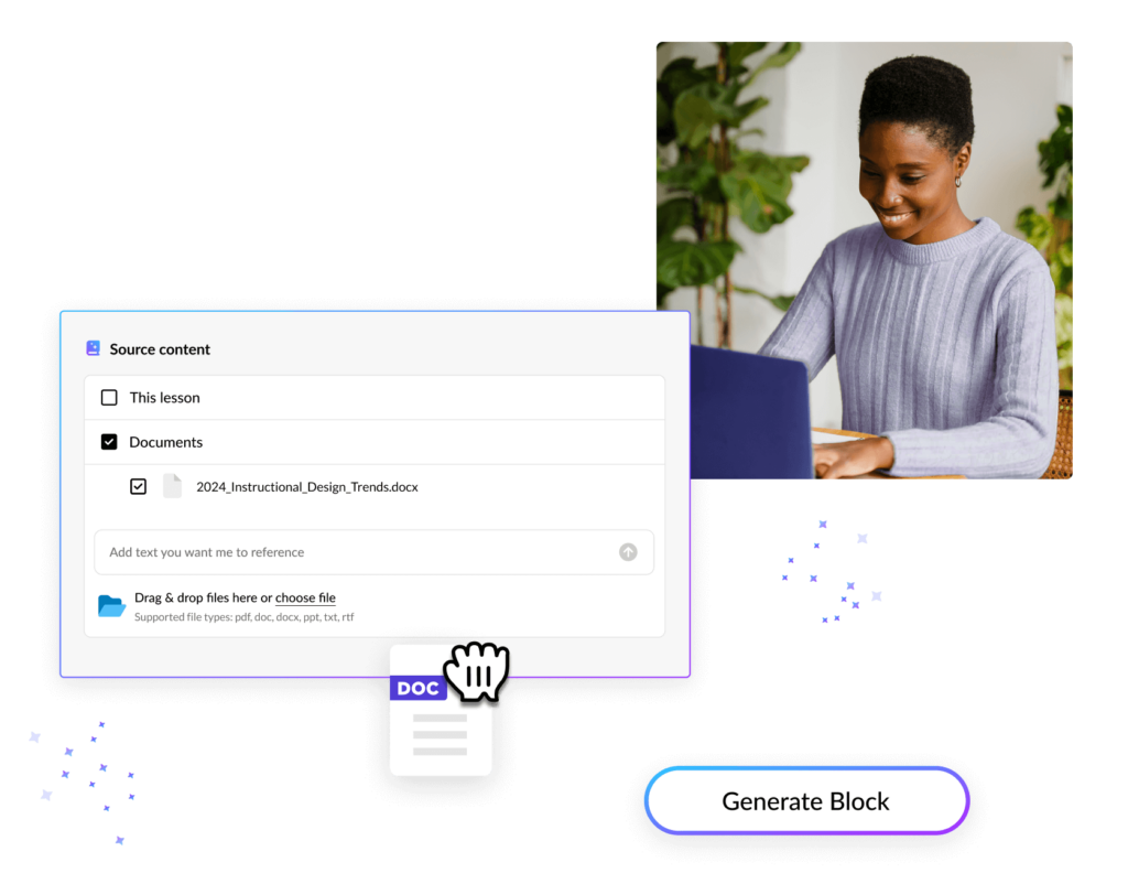 A cursor is dragging a source document into Rise for AI to reference. Behind the interface is a photo of a smiling person at their laptop.