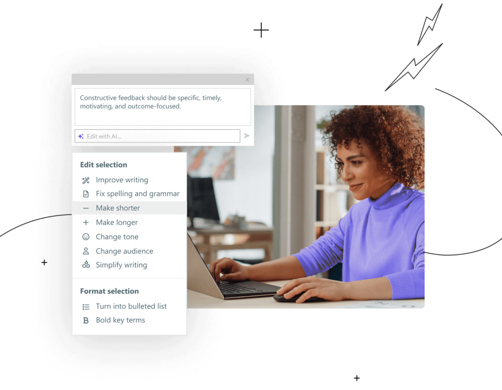AI text-editing options: improve or simplify, fix spelling/grammar, make shorter/longer, change tone/audience, turn into bullets, and bold key terms.