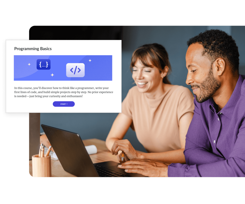 Two employees engaging with a technical training course on a laptop. The course is titled "Programming Basics," with the introductory text: “In this course, you’ll discover how to think like a programmer, write your first lines of code, and build simple projects step by step. No prior experience is needed—just bring your curiosity and enthusiasm!” A clickable “Start” button rests below the introduction.