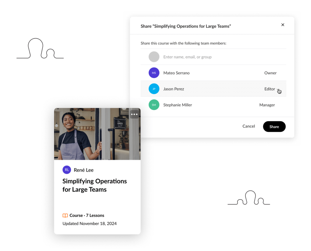 A beautiful course on Simplifying Operations for Large Teams featuring Review interface displaying the course being shared with three team members.