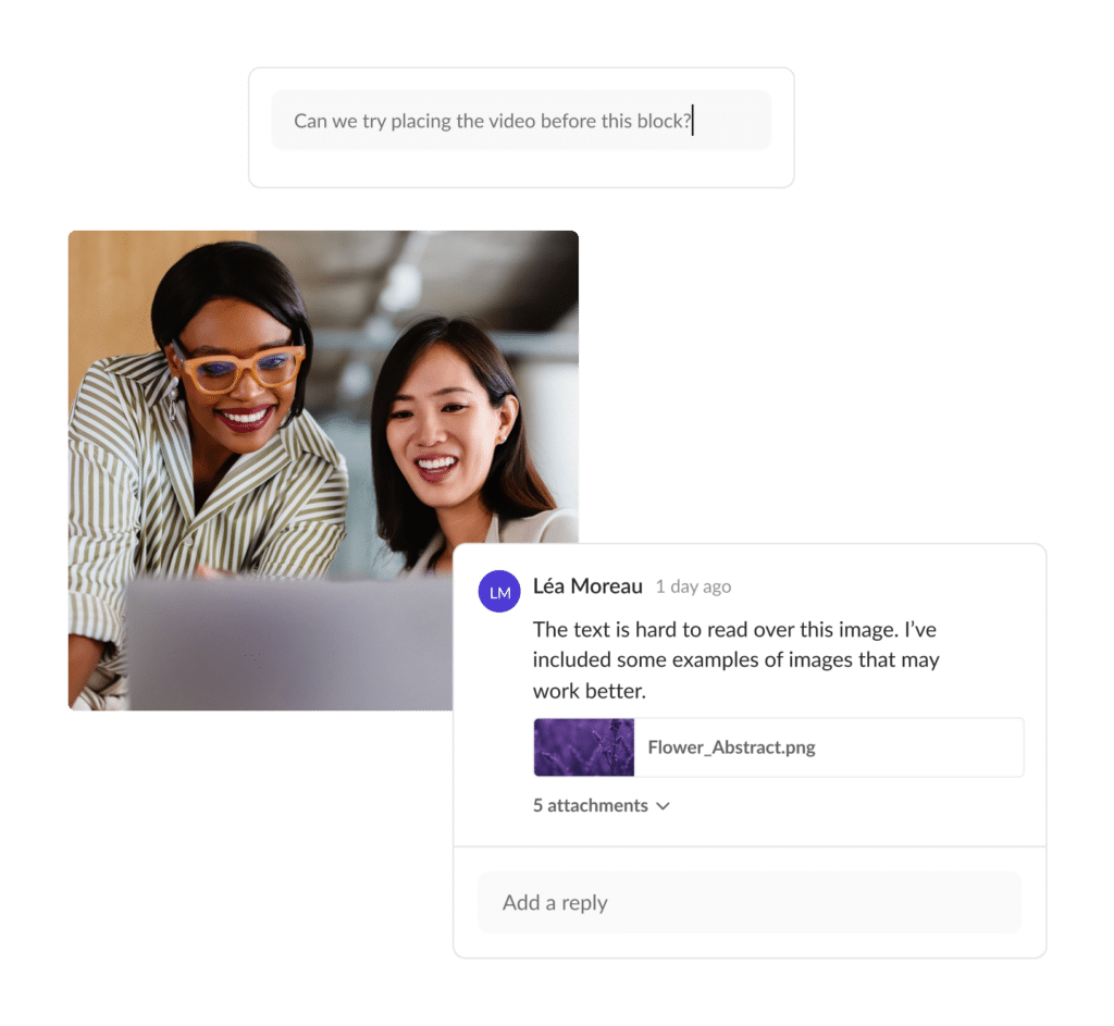 Two course designers smiling, reviewing a course together, and responding to a comment thread on a course.