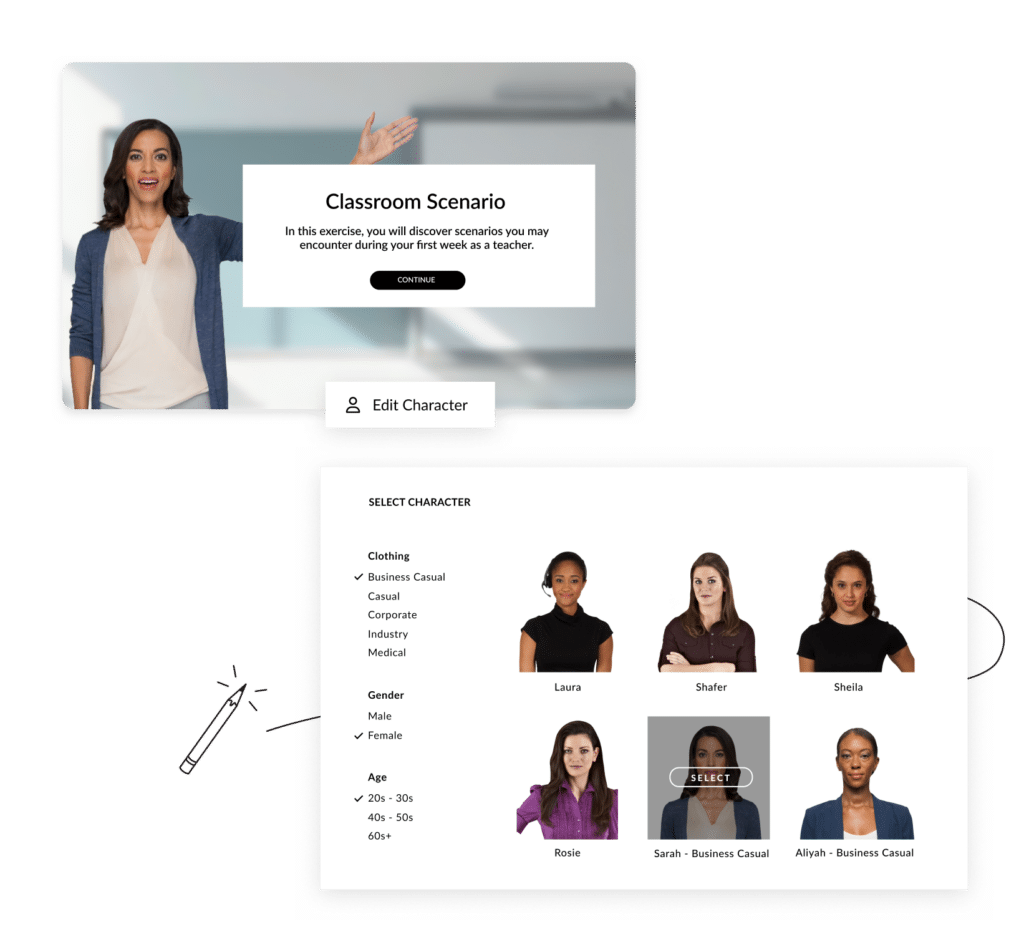 A scenario block in Rise appears next to the character library interface with character and filter options like clothing, gender, and age.