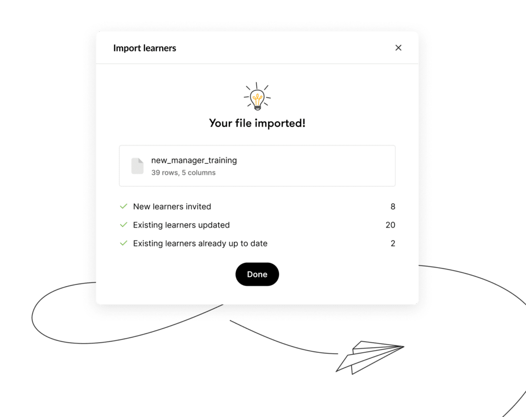 Reach interface displaying confirmation that a bulk learner file has successfully imported.