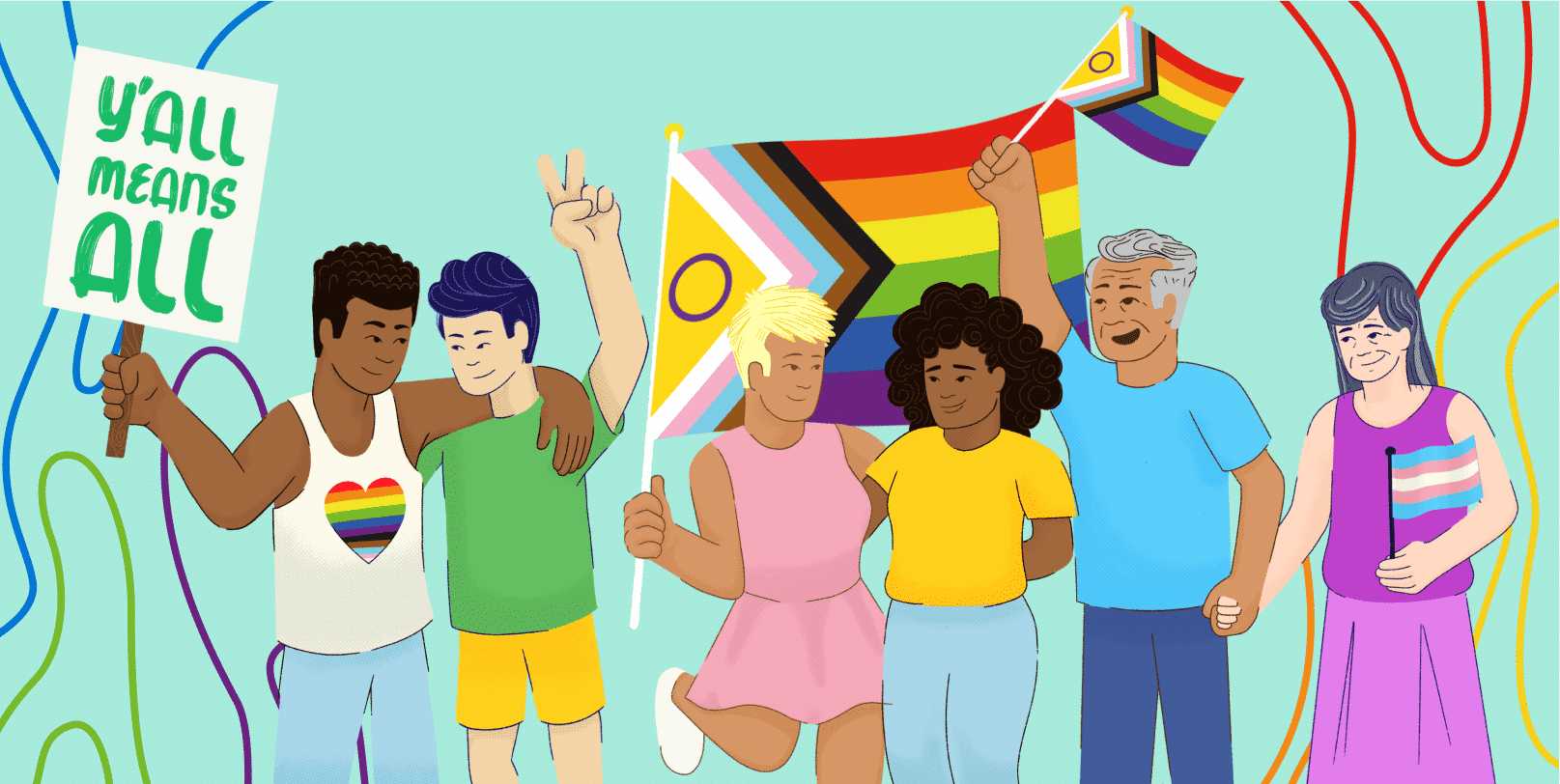 illustration of people holding the Inclusive pride flag