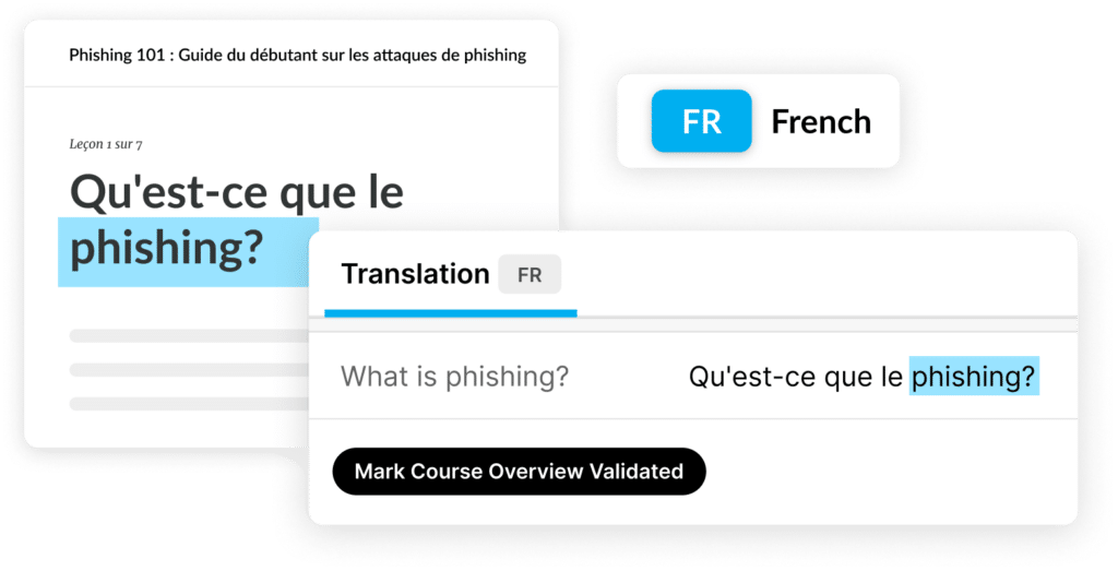 A language validator is reviewing and editing the French translation of a Phishing course in real time.