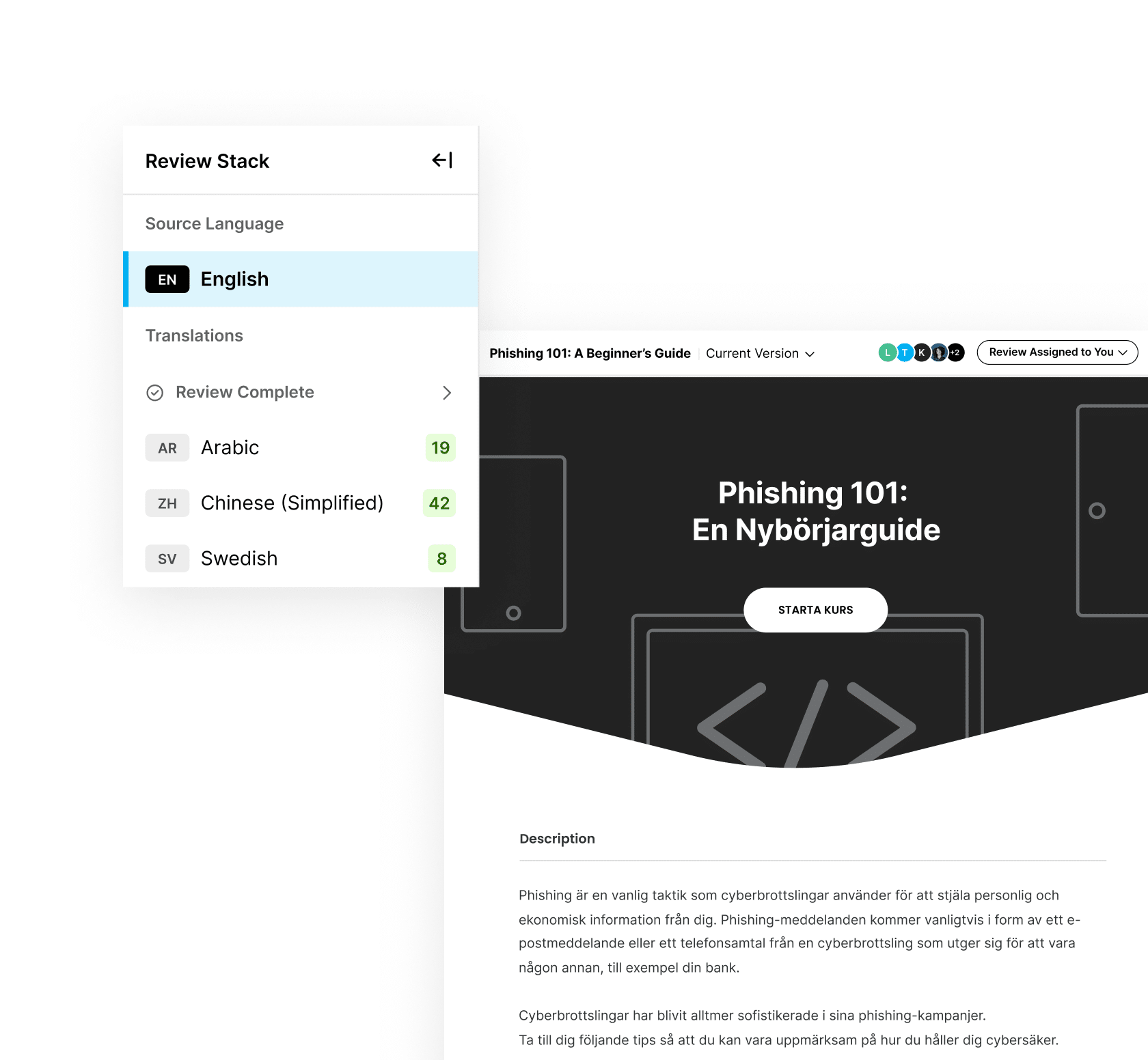 The Review interface with 3 validated course translations, ready for the author to import suggested edits.