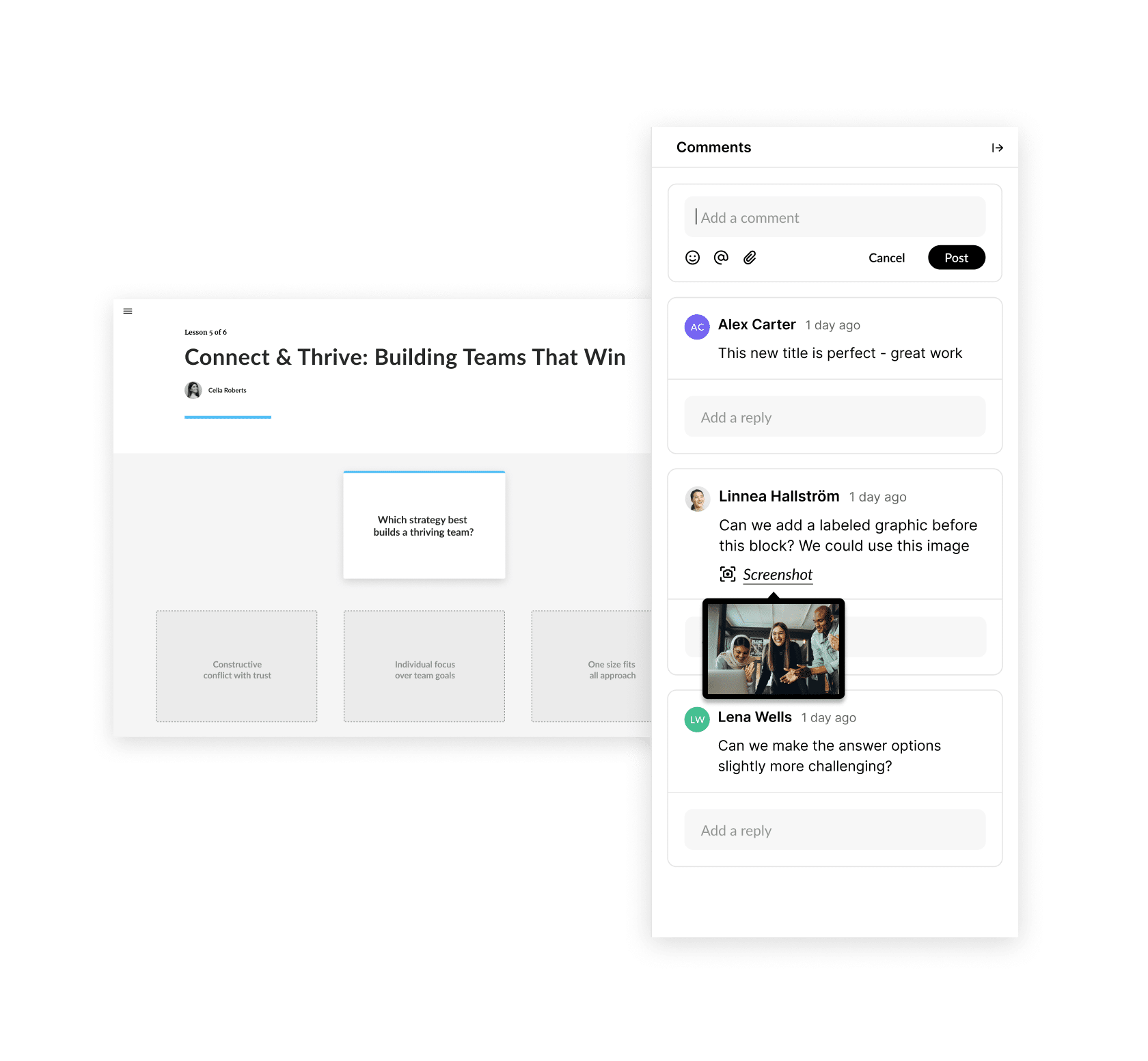 A stakeholder requests an image swap and attaches the replacement directly in a Review comment thread.