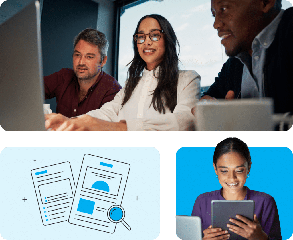 An L&D team reviews Articulate’s security and compliance documents. A magnifying glass inspects two detailed documents. A woman takes an online course on a digital tablet.