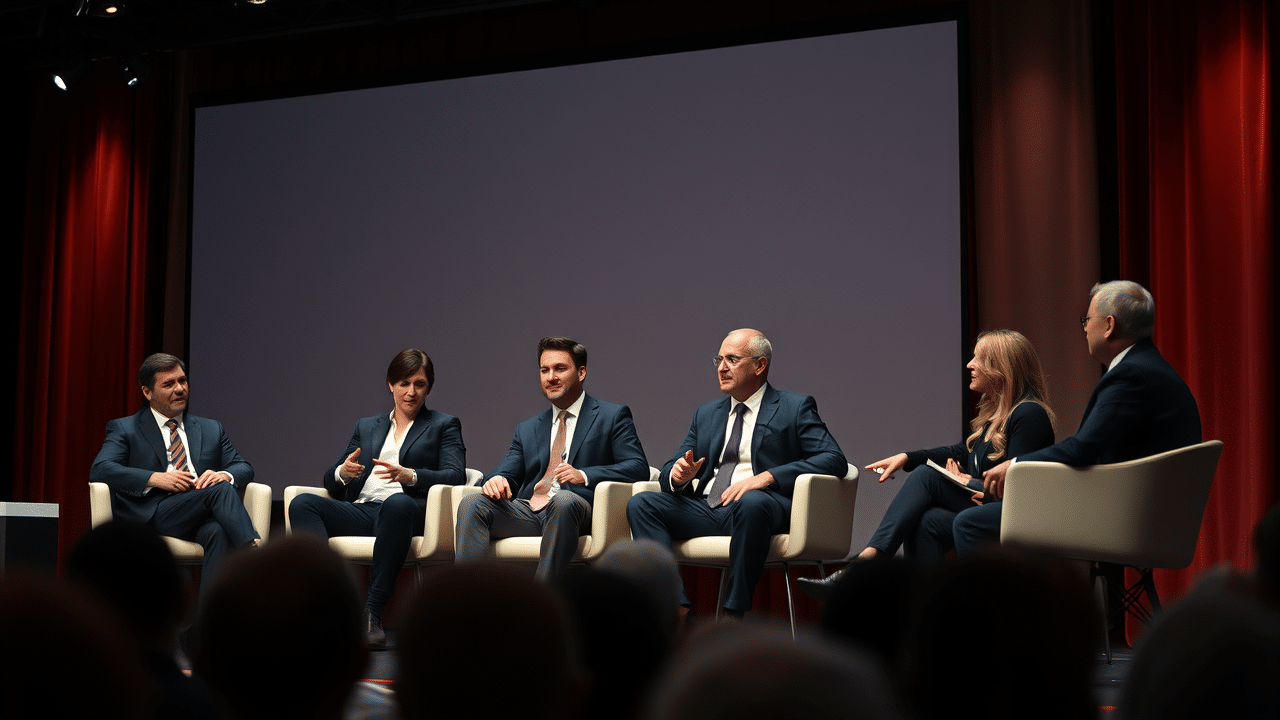 A business panel on stage with five white men and one white woman, all in formal business attire. The group lacks visible diversity.