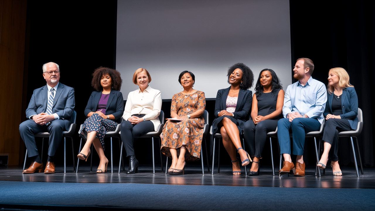 A diverse group of professionals—varying in race, gender, and age—sits on stage for a business panel discussion. The scene feels balanced and inclusive.