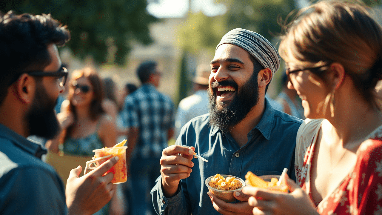 A smiling man wearing a manimamah with a beard and a wrapped head covering enjoys snacks and conversation with friends at a sunny outdoor party. The mood is lively and welcoming.