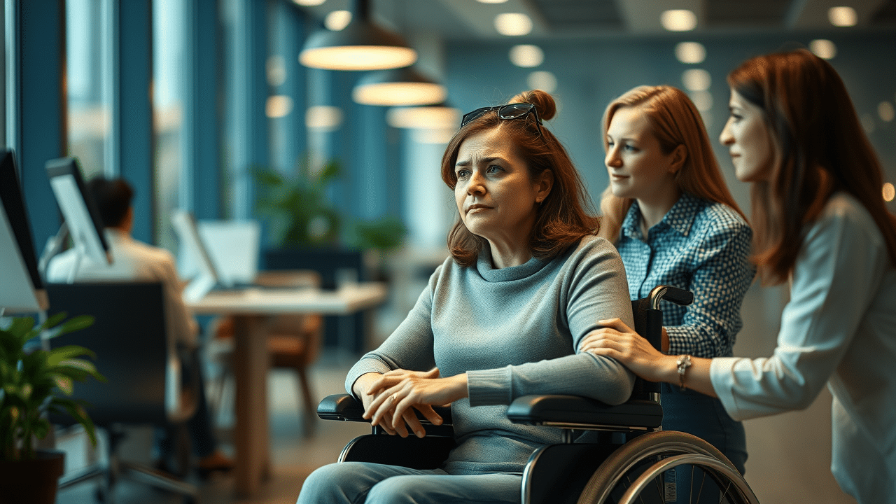 A woman in a wheelchair sits stiffly in a modern office while two coworkers stand over her, touching her shoulders. The dynamic feels passive and patronizing.