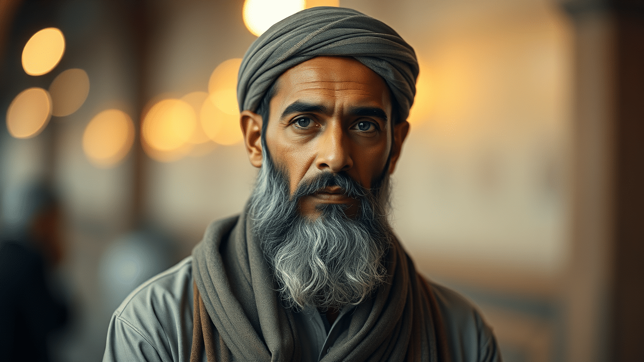 A solemn man wearing a manimamah with a gray beard and a wrapped head covering looks directly at the camera. The background is blurred and neutral, offering no context.