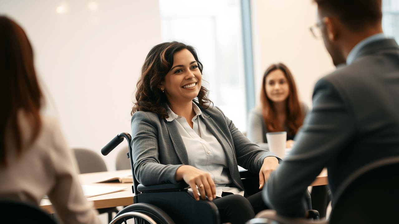 A confident woman who uses a wheelchair chats with coworkers in a bright, contemporary office. The mood is collaborative and respectful.