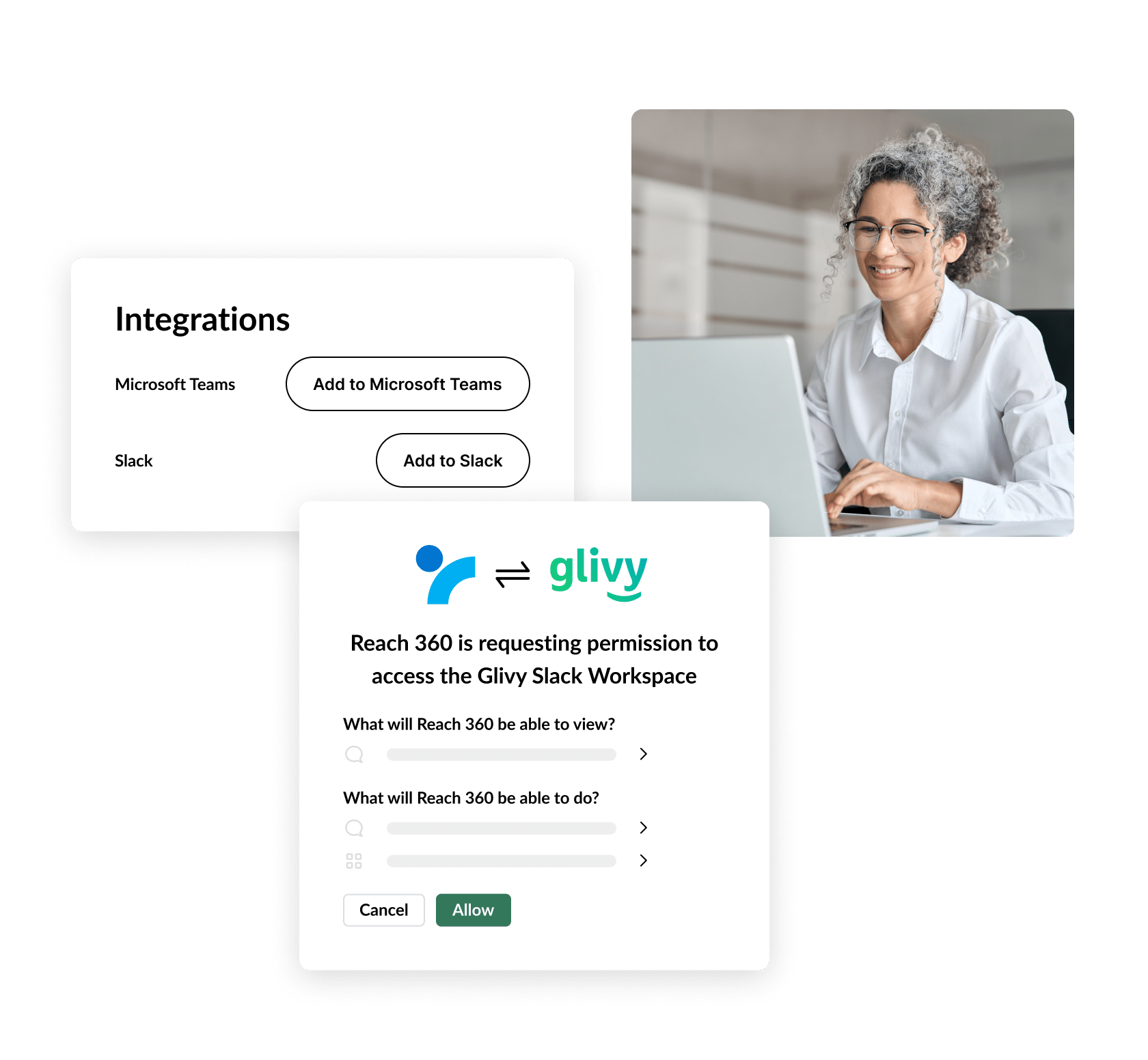 Reach admin smiling as they select the view and edit permissions settings for the Microsoft Teams and Slack integrations.