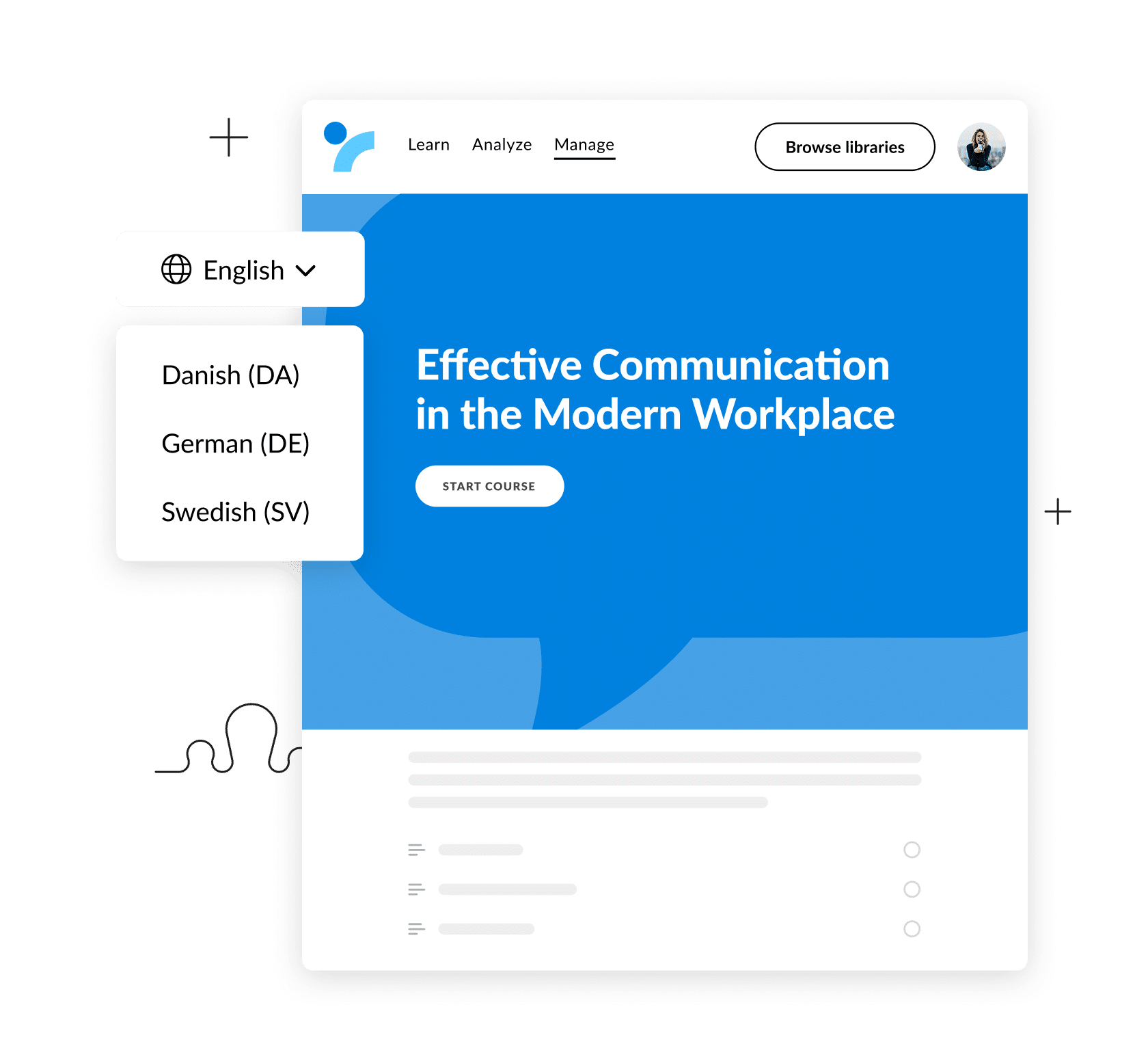 Reach interface showing that a course on “Effective Communication in the Modern Workplace” is available in multiple languages— English, Danish, German, and Swedish.