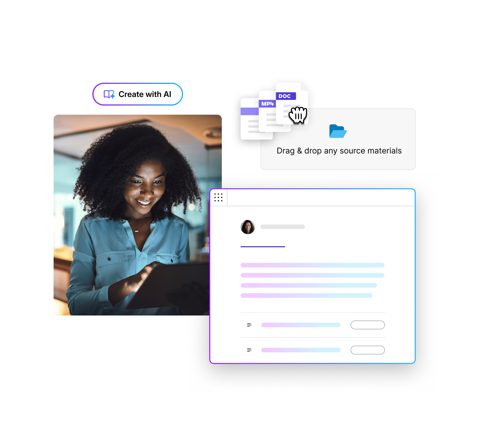 AI Assistant interface showing that you can generate course drafts with AI by uploading MP4 videos, Word documents, and more.