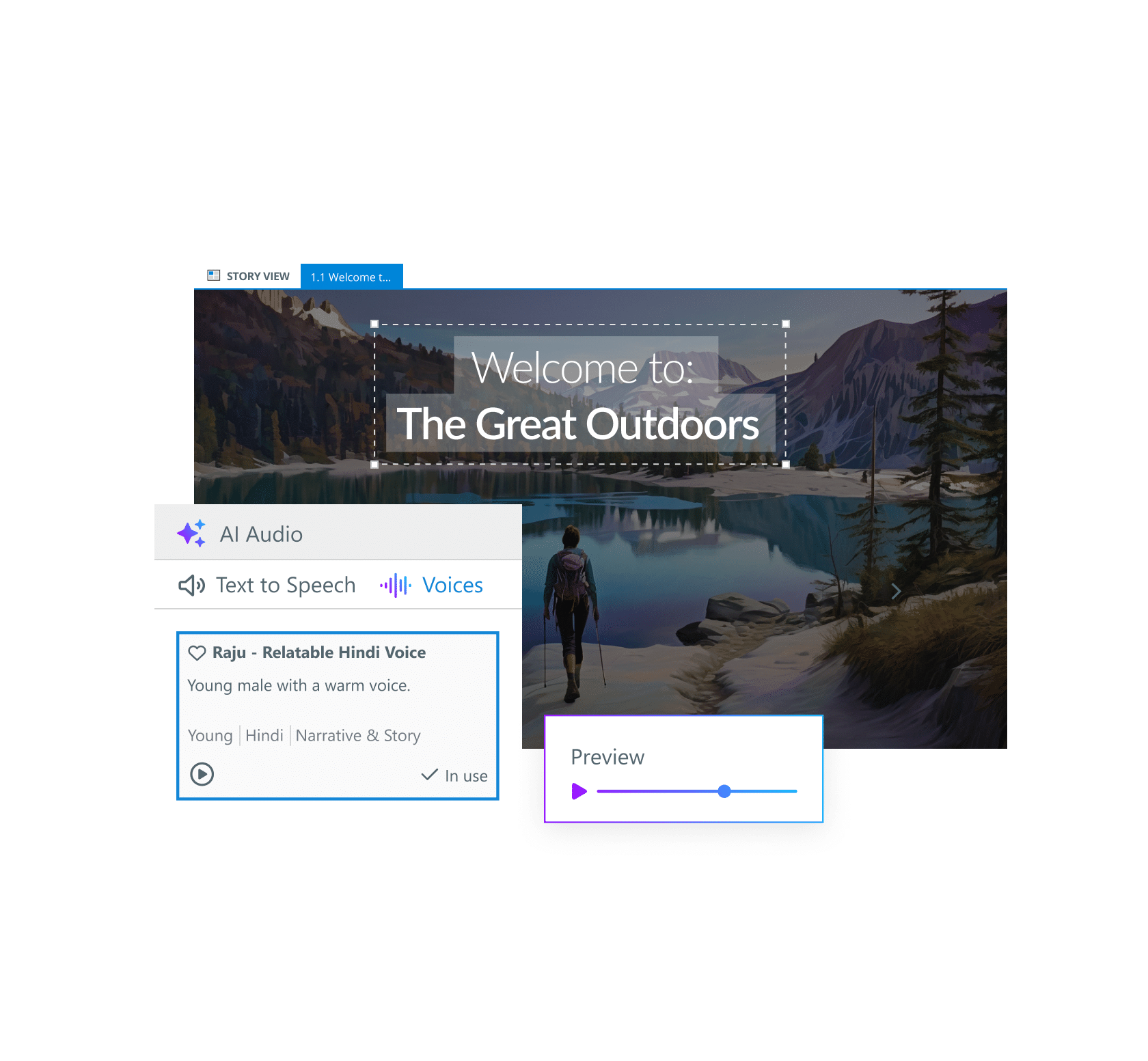 AI Assistant interface in Storyline showing that you can generate text-to-speech audio with AI.
