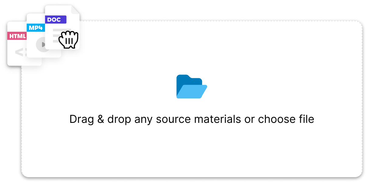 Articulate 360 interface showing the option to generate a course from source materials like HTML files, MP4 videos, and a Word documents.