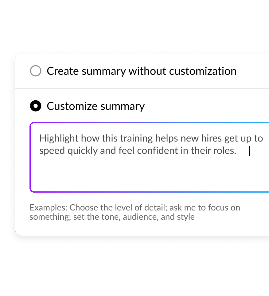 Rise AI Assistant interface showing how to generate a custom summary to fit your specific course needs.