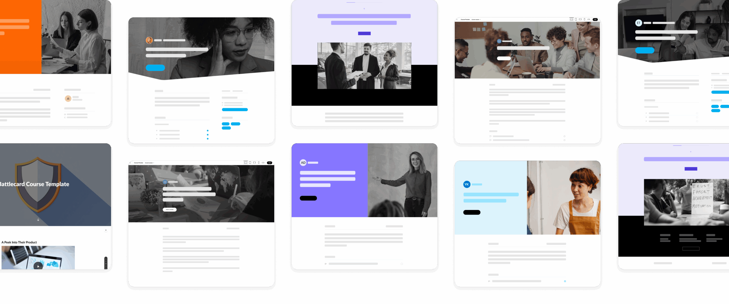 An image gallery showing a variety of template options and styles available with Articulate 360.