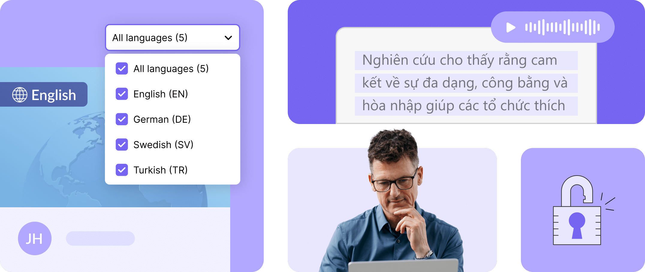 User interface showing screen reader compatibility and translation into German, Swedish, and Turkish next to a security compliance icon.