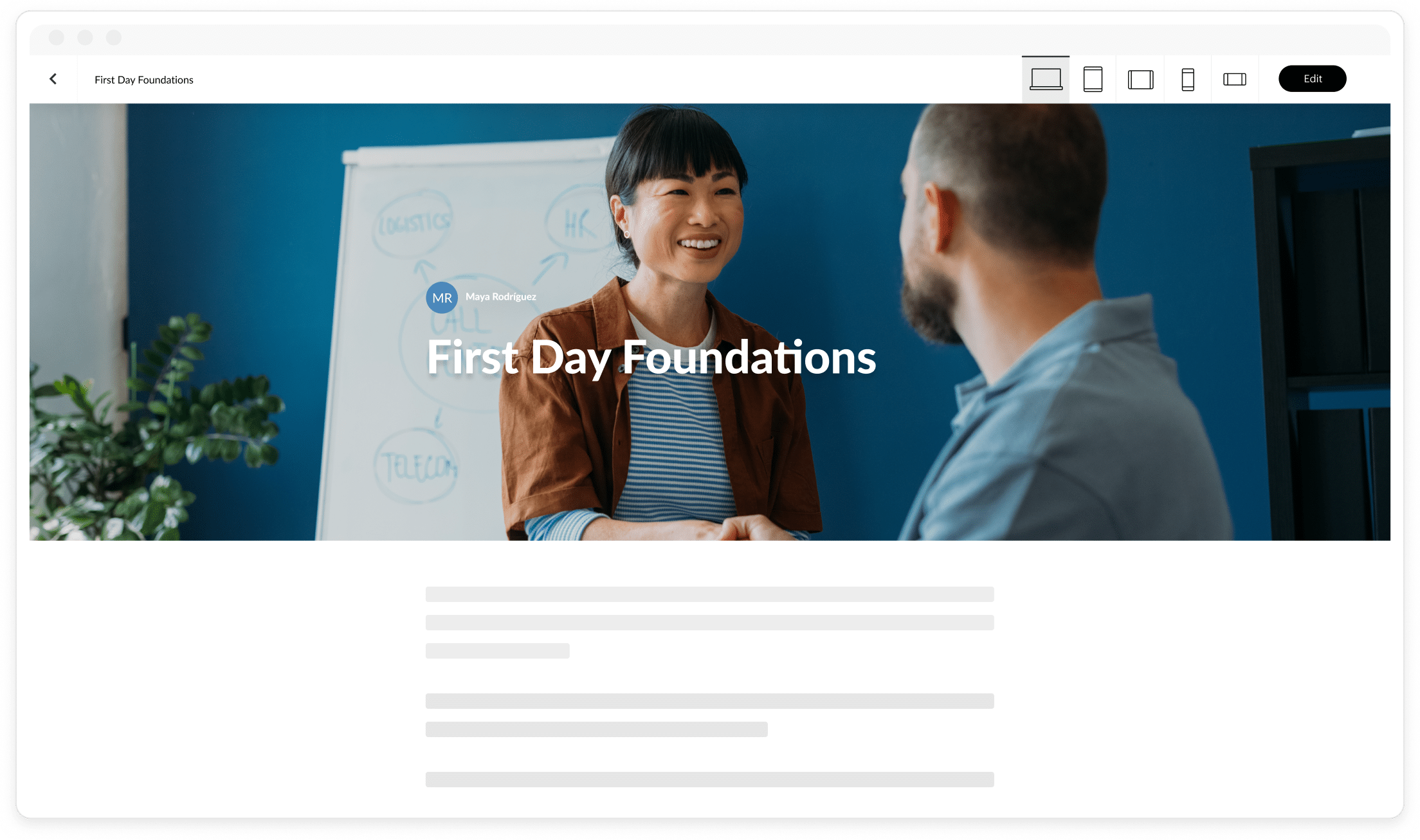 An author looks at the desktop preview of an onboarding course built with Articulate 360, showing how it automatically adapts to any screen size.