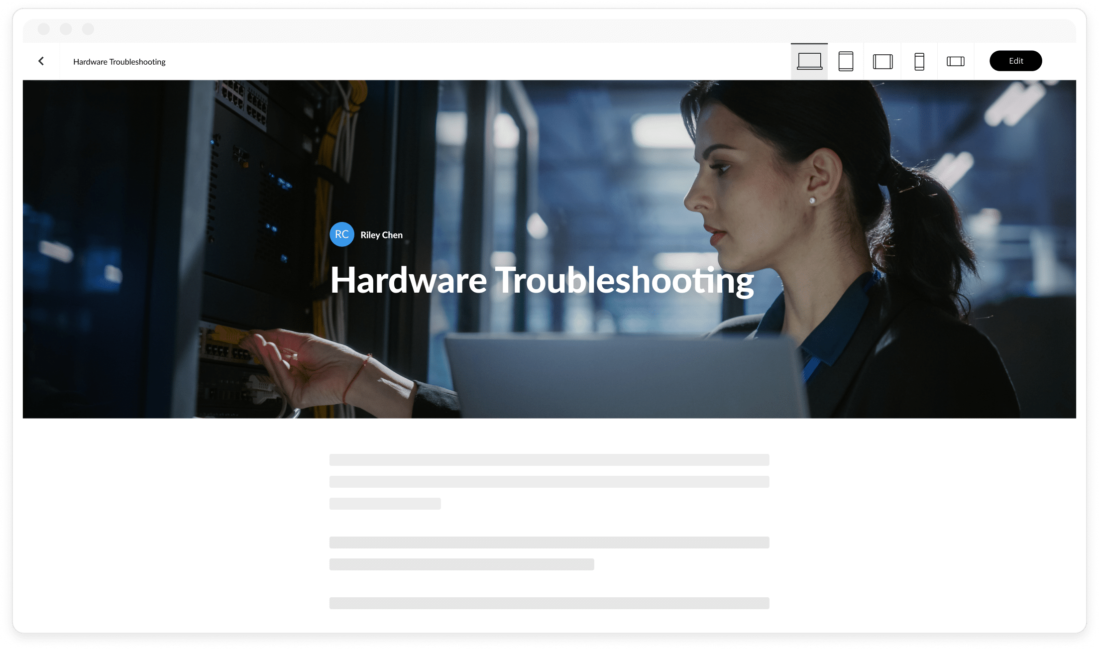 An author looks at the desktop preview of a troubleshooting course built with Articulate 360, showing how it automatically adapts to any screen size.