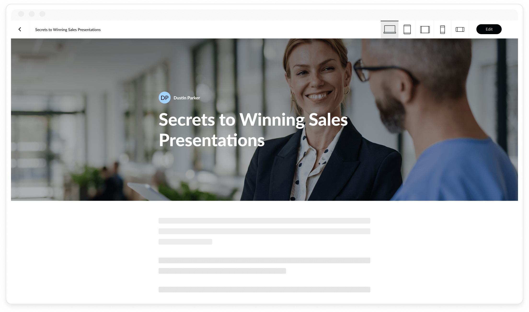 An author looks at the desktop preview of a sales training course built with Articulate 360, showing how it automatically adapts to any screen size.