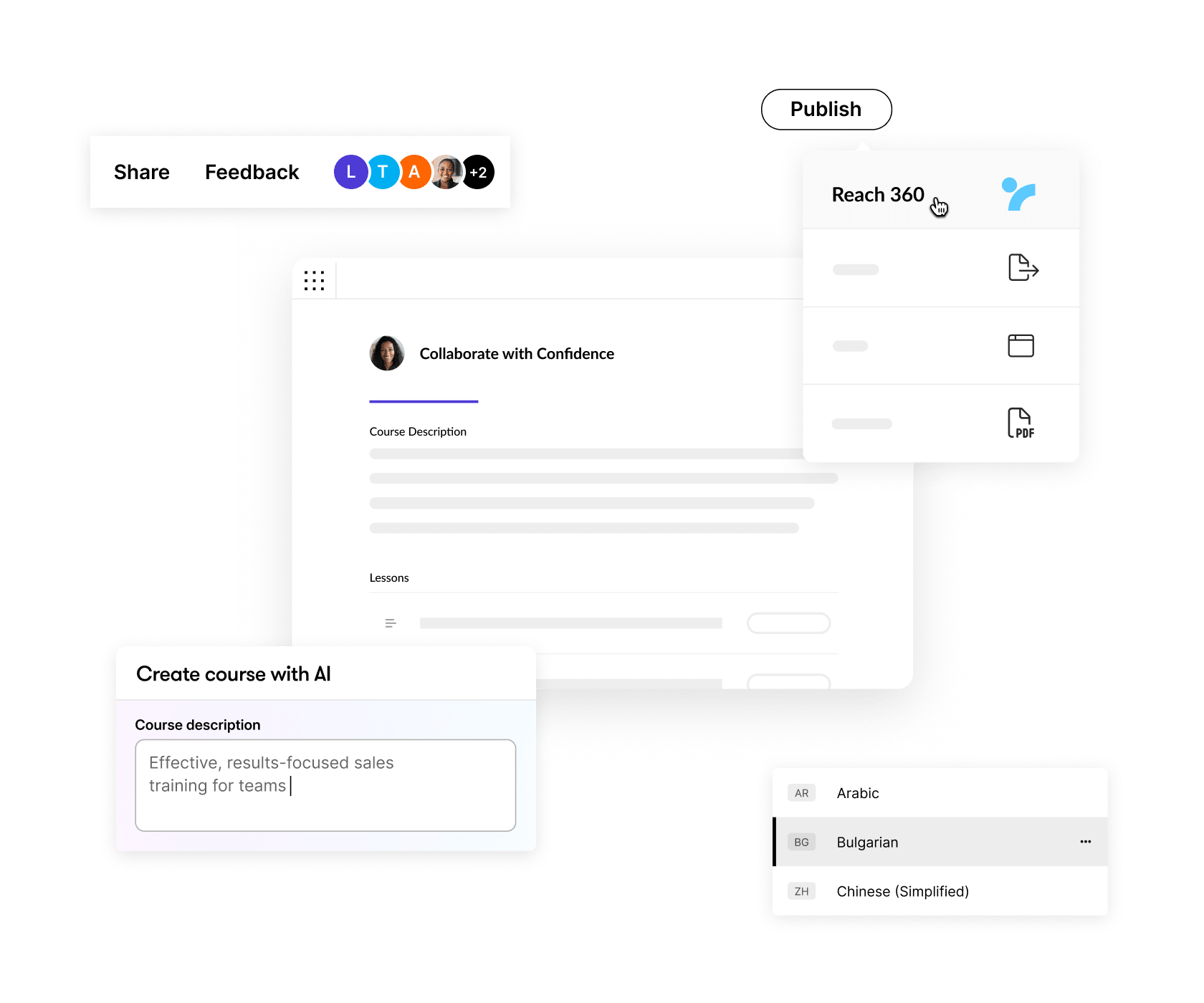 Articulate 360 interface showing that you can create a course with AI, translate it, gather feedback, and share it with learners.