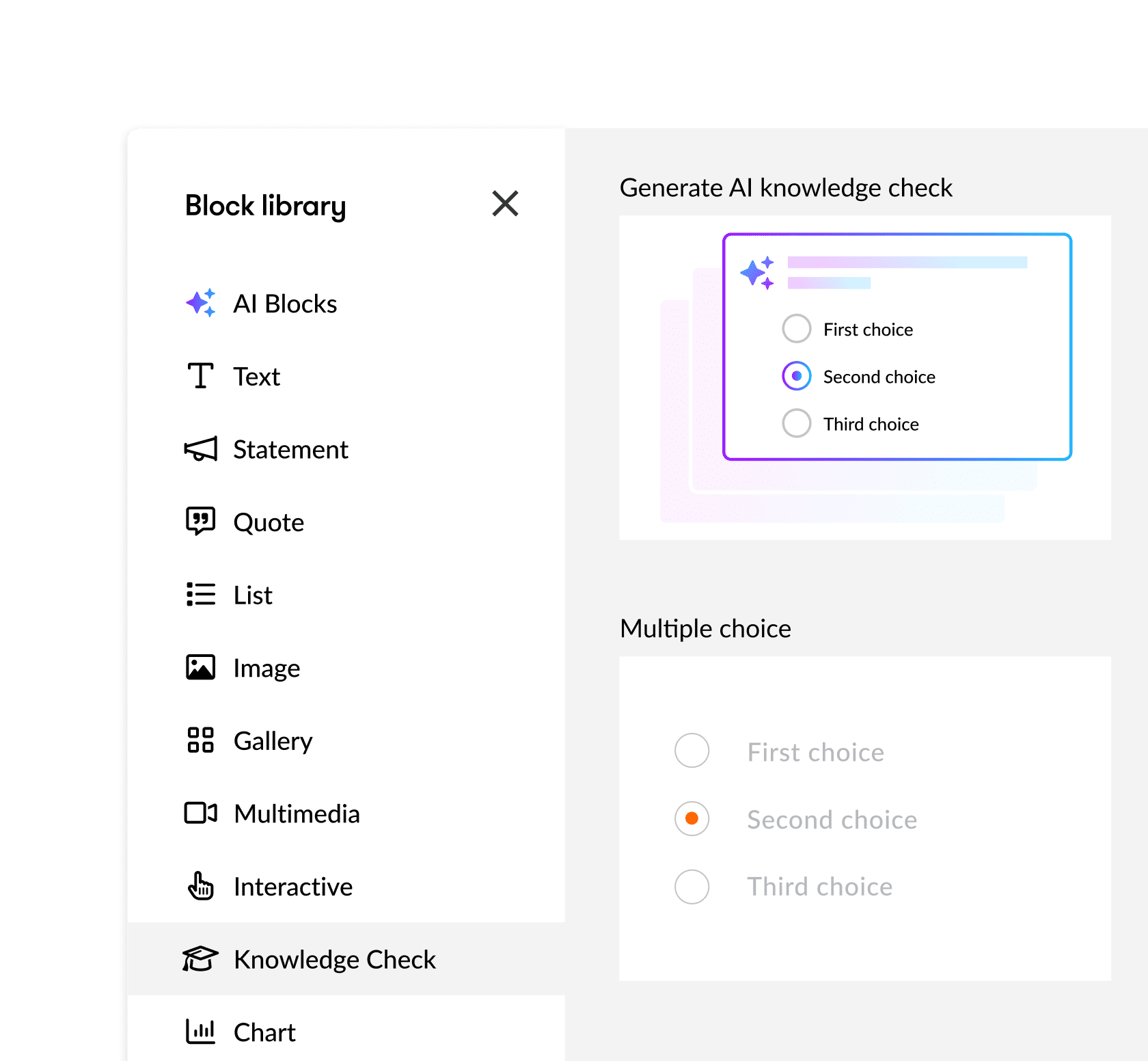 Articulate 360 interface showing the Block Library options: AI, text, statement, quote, list, image, gallery, multimedia, interactive, knowledge check, and chart.