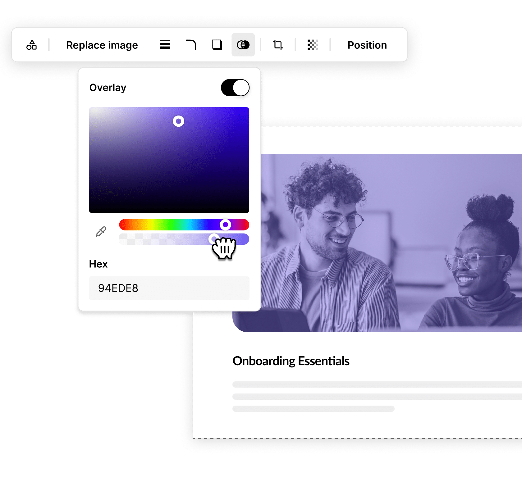 Articulate 360 interface showing that you can customize a block by adding a color overlay to an image and adjusting its opacity.