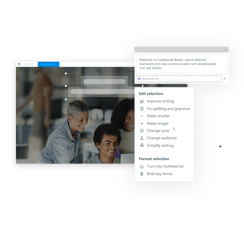Articulate 360 interface showing that you can use AI to refine written text with options like improving clarity, adjusting tone, or fixing grammar.
