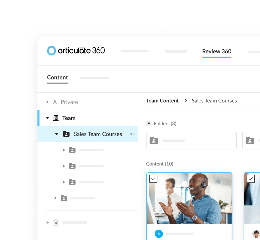 Articulate 360 review dashboard showing that you can search, filter, and monitor courses being reviewed.