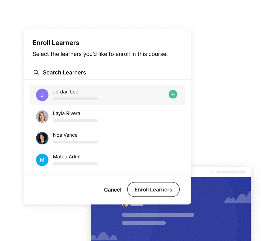 Articulate 360 interface showing that you can enroll learners by searching for them or selecting their names from a list.
