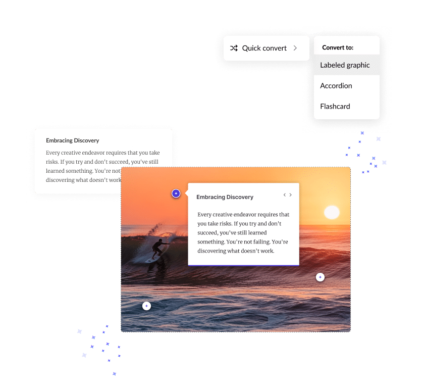 Articulate 360 interface showing that you can use AI to convert text into interactive blocks, such as labeled graphics.