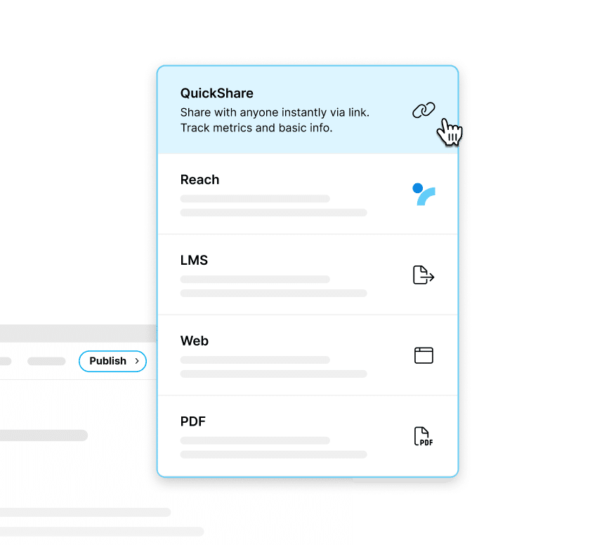 Articulate 360 interface showing that you can copy a Quick Share link, set permissions, and view basic engagement metrics.