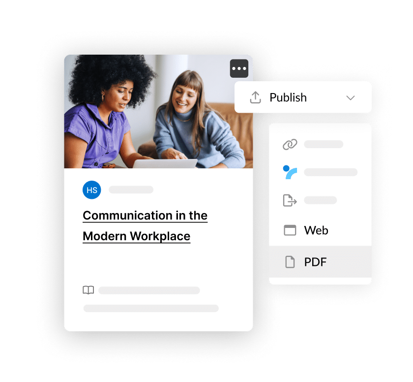 Articulate 360 interface showing that you can publish a course for web access or export it as a PDF for offline viewing.
