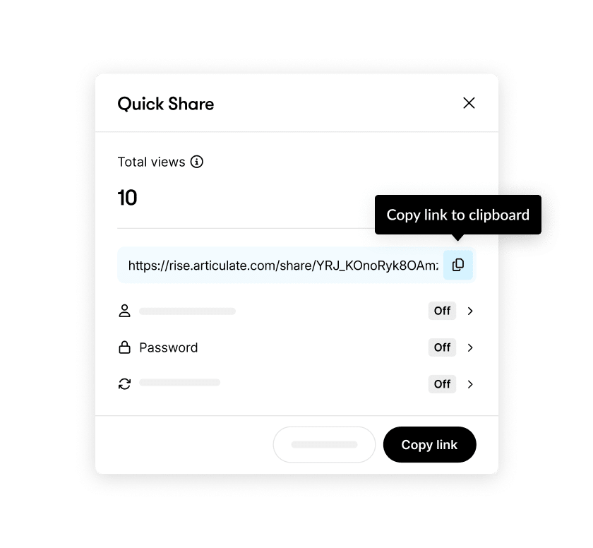 Articulate 360 interface showing that with Quick Share links, you can track engagement metrics like views and guestbook entries.