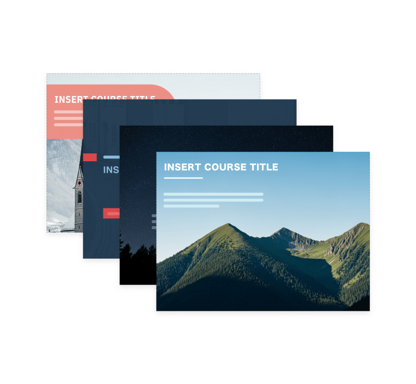 Four slides with different colors, images, and styles to showcase the variety of templates available in Articulate 360.