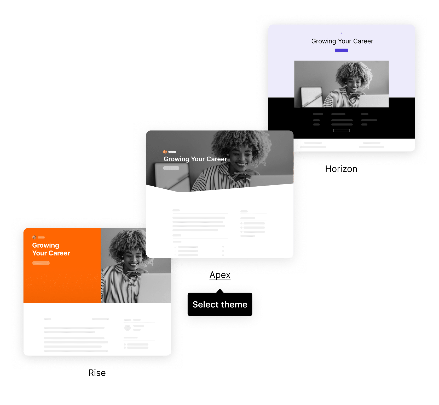 Three course theme options to showcase that you can apply pre-built visual styles to a course with a single click.